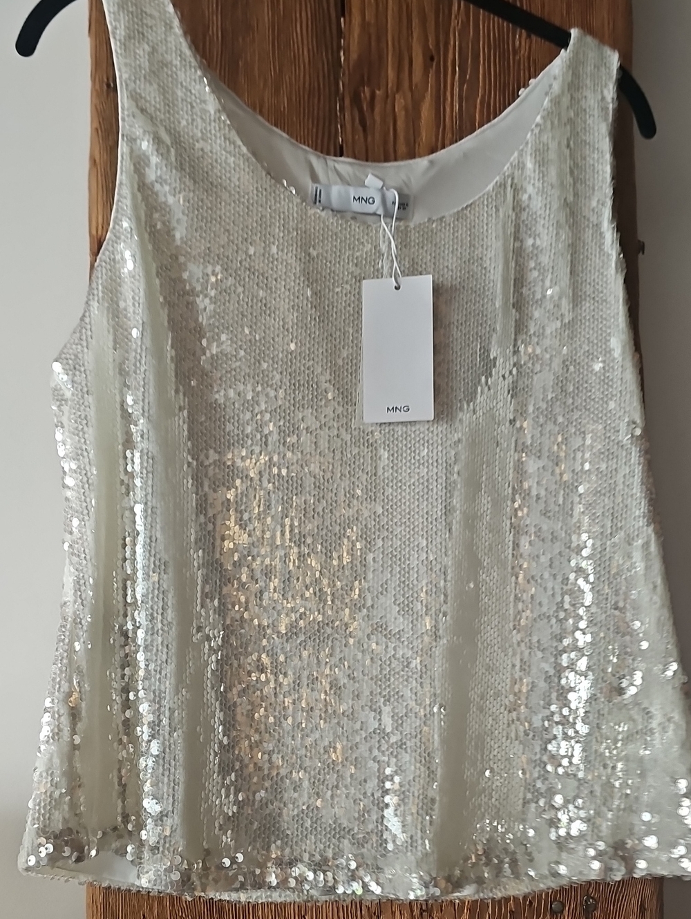 NWT Mango Women's Sequin Tank Top in Ivory SZ Xl Lined